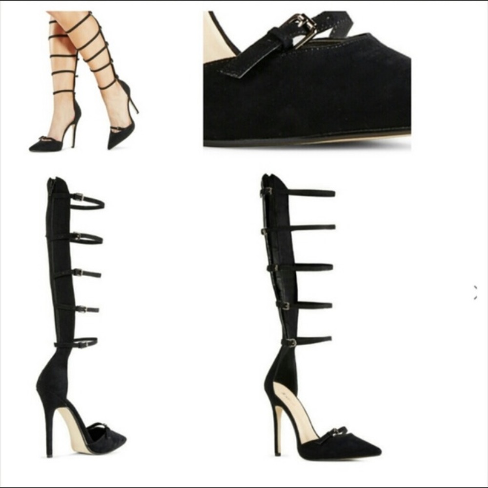 JUSTFAB Fawne black velvet gladiator pointy heels